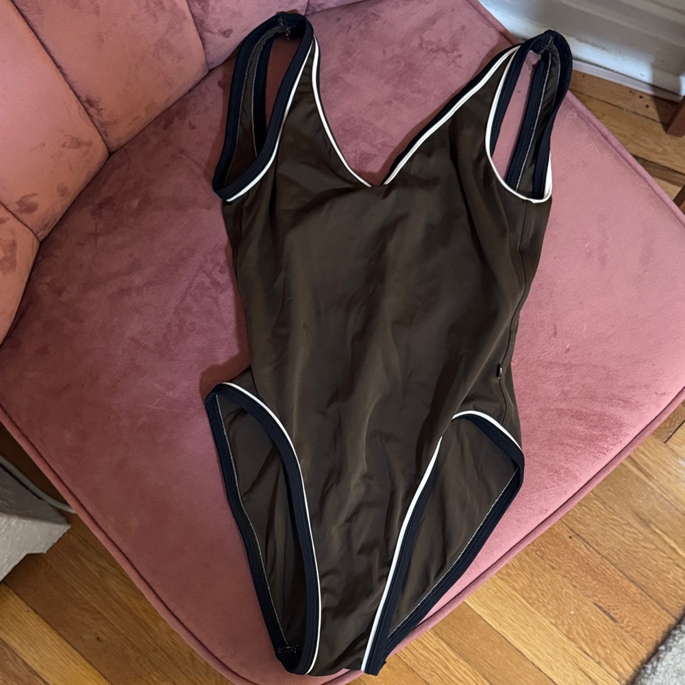 Brown One-Piece Swimsuit with White & Black Trim